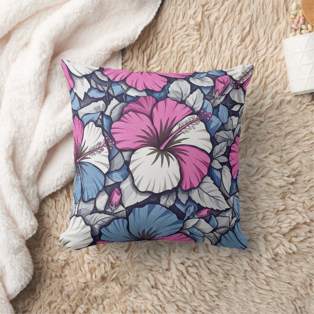 Elegant Blue Hibiscus Floral Pattern (1) Cushion (Blanket)