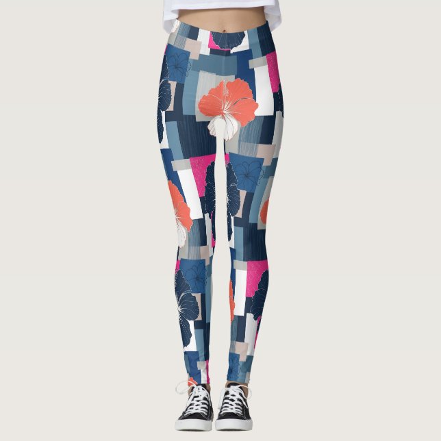 Elegant Blue Hibiscus Floral Pattern (1) Leggings (Front)