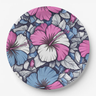 Elegant Blue Hibiscus Floral Pattern (1) Paper Plate
