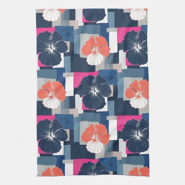 Elegant Blue Hibiscus Floral Pattern (1) Tea Towel (Vertical)