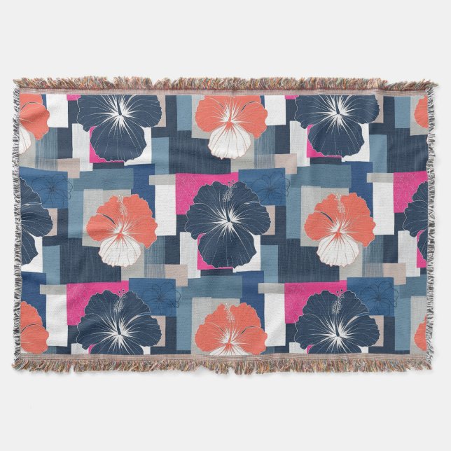 Elegant Blue Hibiscus Floral Pattern (1) Throw Blanket (Front)