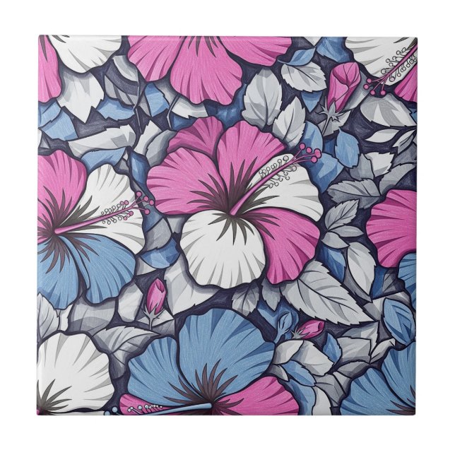 Elegant Blue Hibiscus Floral Pattern (1) Tile (Front)