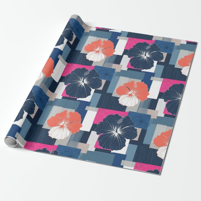 Elegant Blue Hibiscus Floral Pattern (1) Wrapping Paper (Unrolled)