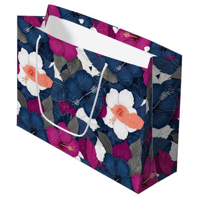 Elegant Blue Hibiscus Floral Pattern (2) Large Gift Bag (Front Angled)