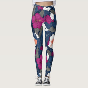 Elegant Blue Hibiscus Floral Pattern (2) Leggings