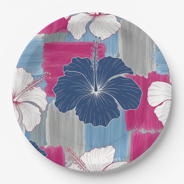 Elegant Blue Hibiscus Floral Pattern (2) Paper Plate (Front)