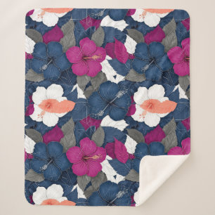 Elegant Blue Hibiscus Floral Pattern (2) Sherpa Blanket