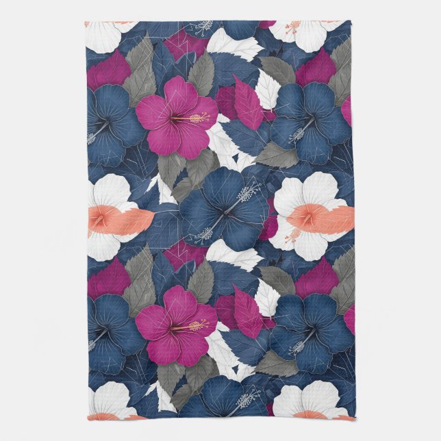 Elegant Blue Hibiscus Floral Pattern (2) Tea Towel (Vertical)
