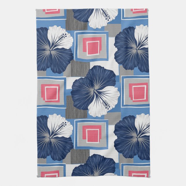Elegant Blue Hibiscus Floral Pattern (3) Tea Towel (Vertical)