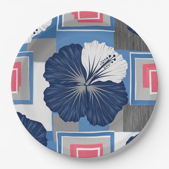 Elegant Blue Hibiscus Floral Pattern (4) Paper Plate (Front)