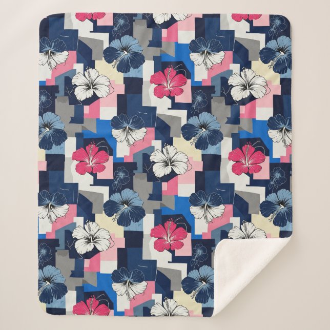 Elegant Blue Hibiscus Floral Pattern (4) Sherpa Blanket (Front)