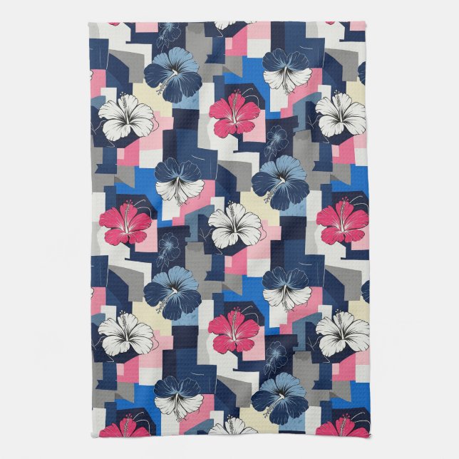 Elegant Blue Hibiscus Floral Pattern (4) Tea Towel (Vertical)