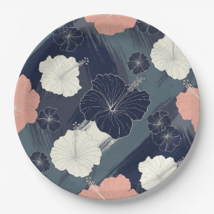 Elegant Blue Hibiscus Floral Pattern (5) Paper Plate