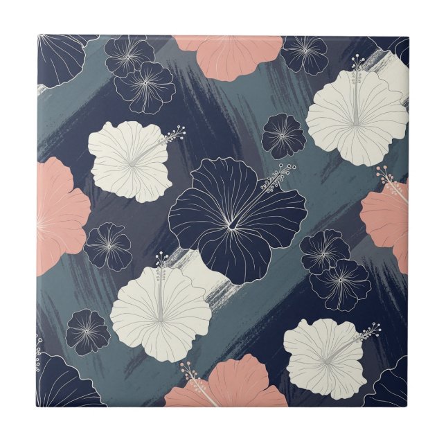 Elegant Blue Hibiscus Floral Pattern (5) Tile (Front)