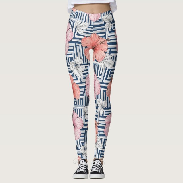 Elegant Blue Hibiscus Floral Pattern (6) Leggings (Front)