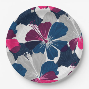 Elegant Blue Hibiscus Floral Pattern (6) Paper Plate