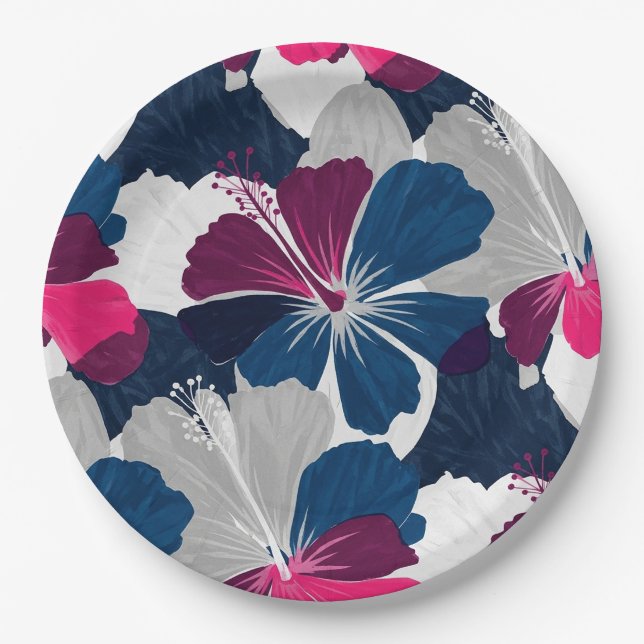 Elegant Blue Hibiscus Floral Pattern (6) Paper Plate (Front)