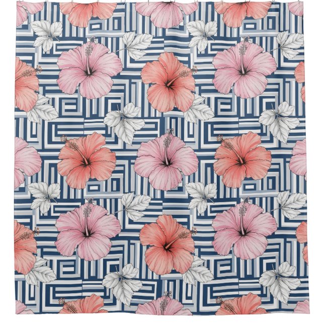 Elegant Blue Hibiscus Floral Pattern (6) Shower Curtain (Front)