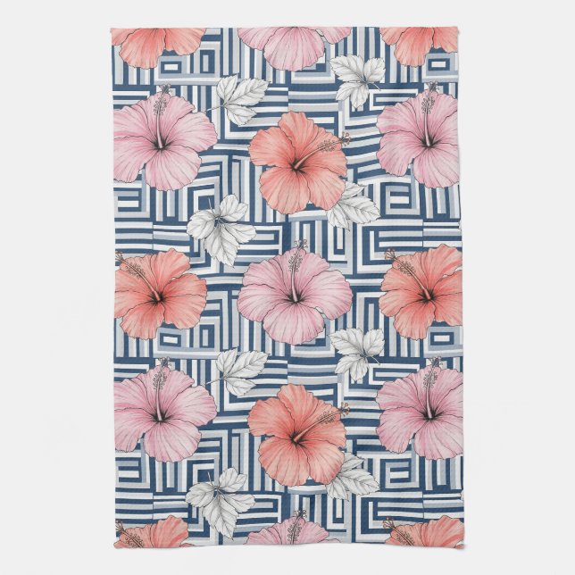 Elegant Blue Hibiscus Floral Pattern (6) Tea Towel (Vertical)