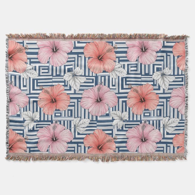 Elegant Blue Hibiscus Floral Pattern (6) Throw Blanket (Front)