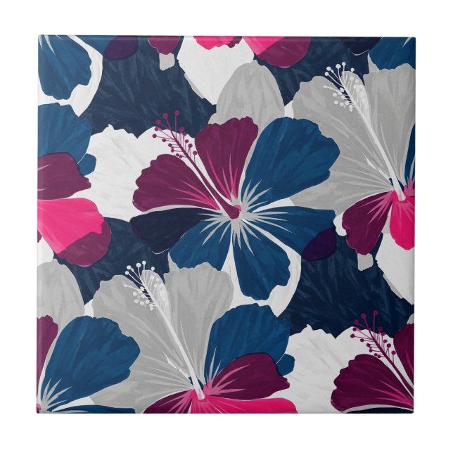 Elegant Blue Hibiscus Floral Pattern (6) Tile (Front)