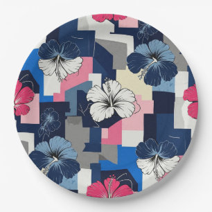 Elegant Blue Hibiscus Floral Pattern (7) Paper Plate
