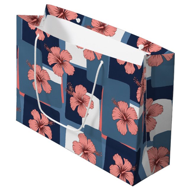 Elegant Blue Hibiscus Floral Pattern (8) Large Gift Bag (Front Angled)