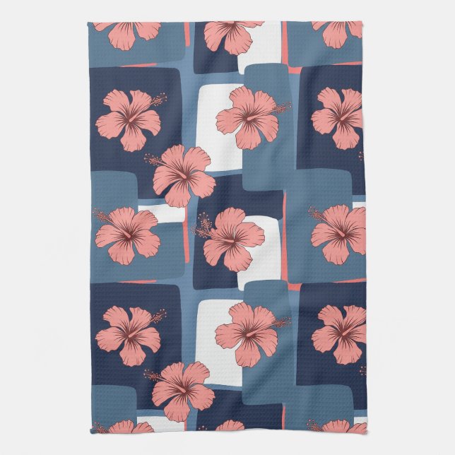 Elegant Blue Hibiscus Floral Pattern (8) Tea Towel (Vertical)