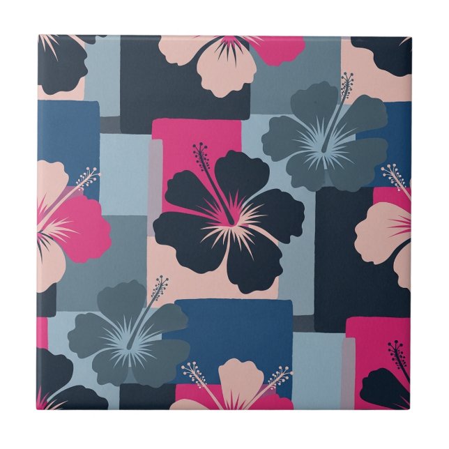 Elegant Blue Hibiscus Floral Pattern (8) Tile (Front)