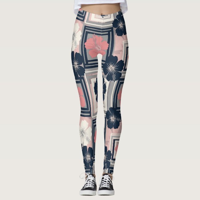 Elegant Blue Hibiscus Floral Pattern (9) Leggings (Front)