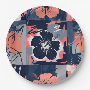 Elegant Blue Hibiscus Floral Pattern (9) Paper Plate