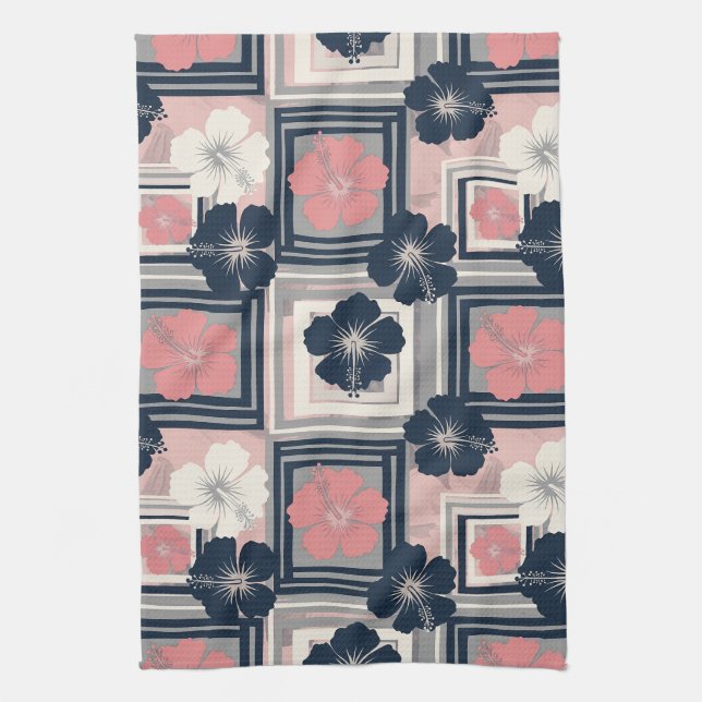 Elegant Blue Hibiscus Floral Pattern (9) Tea Towel (Vertical)