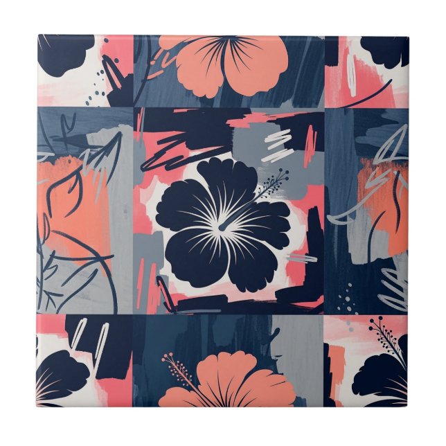 Elegant Blue Hibiscus Floral Pattern (9) Tile (Front)
