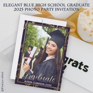 Elegant Blue High School Graduate 2025 Photo Party Invitation