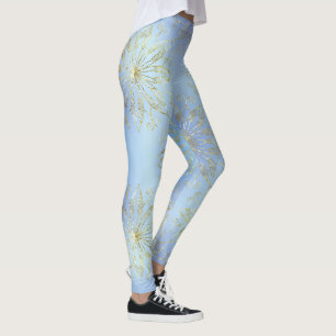 Elegant Blue Holiday Christnas Snowflakes stars Leggings