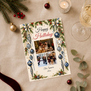 Elegant Blue Holiday Family Photo Collage Card