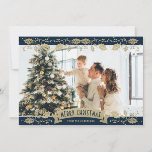 Elegant Blue Holly Berries Photo Christmas Card