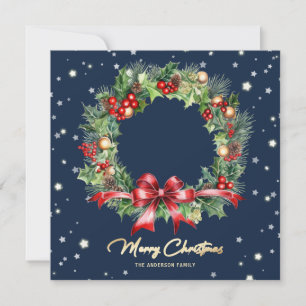 Elegant Blue Holly Berries Pine Wreath Photo Holiday Card