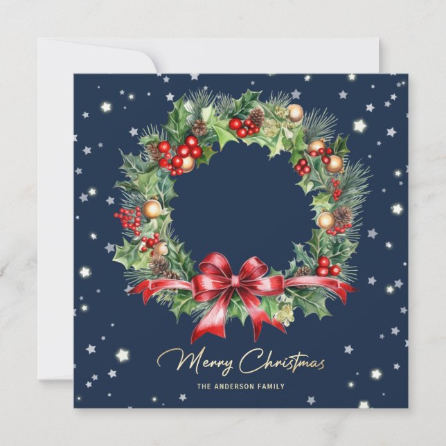 Elegant Blue Holly Berries Pine Wreath Photo Holiday Card (Front)