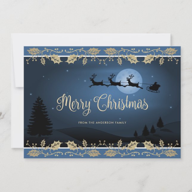Elegant Blue Holly Reindeer Santa Claus Christmas Holiday Card (Front)