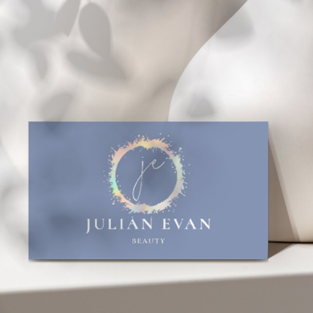 Elegant Blue Holographic Monogram Business Card (Creator Uploaded)