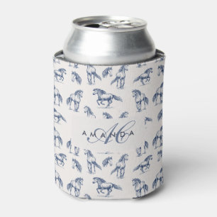 Elegant Blue Horses Monogrammed Initial Gifts Can Cooler