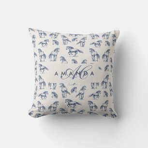 Elegant Blue Horses Monogrammed Initial Gifts Cushion