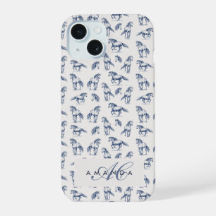 Elegant Blue Horses Monogrammed Initial Gifts iPhone 15 Case