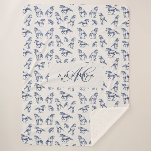 Elegant Blue Horses Monogrammed Initial Gifts Sherpa Blanket (Front)