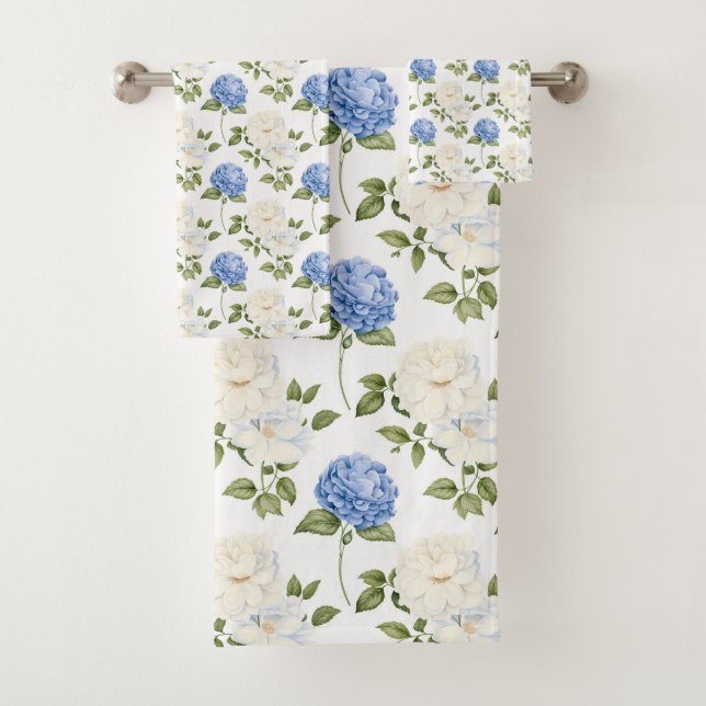 Elegant Blue Hydragea Flowers Pattern  Bath Towel Set (Insitu)