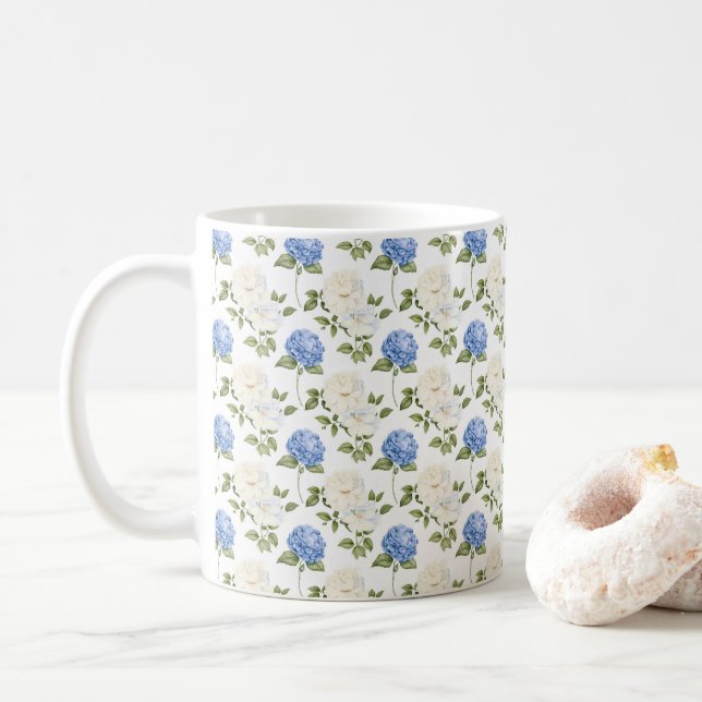 Elegant Blue Hydragea Flowers Pattern  Coffee Mug (With Donut)