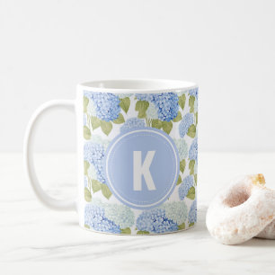 Elegant Blue Hydragea Flowers Pattern Monogram Coffee Mug