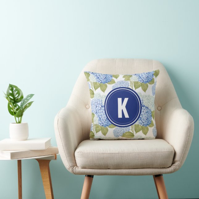Elegant Blue Hydragea Flowers Pattern Monogram Cushion (Chair)