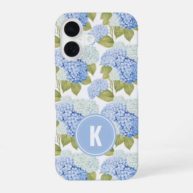 Elegant Blue Hydragea Flowers Pattern Monogram iPhone 16 Case (Back)